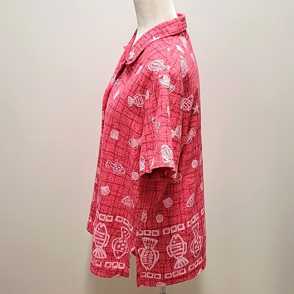 Dee California Blouse/Top Fish Seashells Starfish Button Front Collar Women's L - Picture 5 of 11